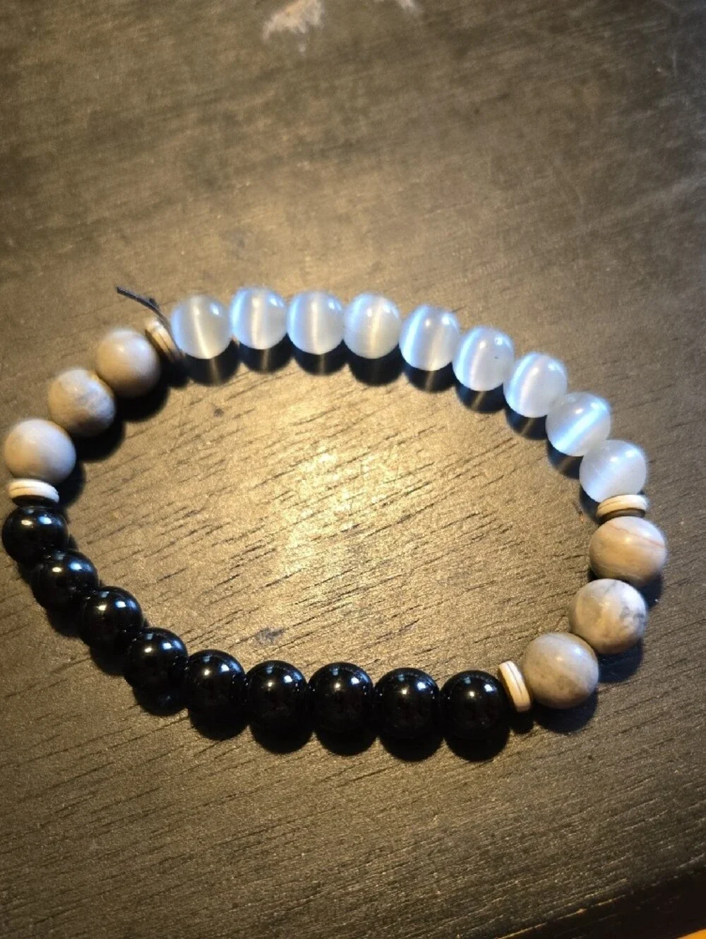 Neutral Trio Bead Stretch Bracelet in Black, Cream & Light Blue
